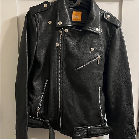 DREW Women’s Black leather moto jacket Size: L - Picture 2 of 9